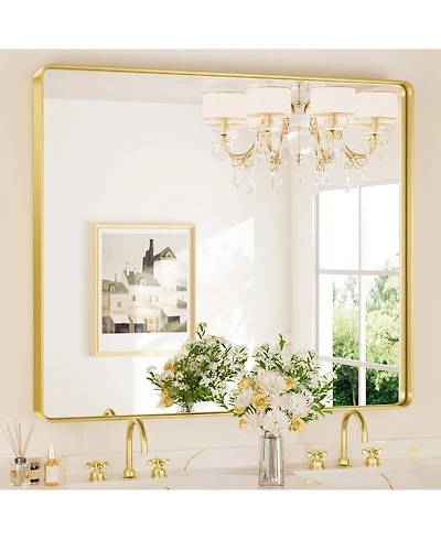 Keonjinn 36x36 Inch Brushed Gold Bathroom Vanity Mirror Tempered Glass Metal Framed