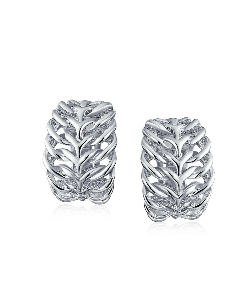 Bling Jewelry Fashion Open Weave Cable Leaf Feather Wide Half Hoop Clip On Earrings For Non Pierced Ears