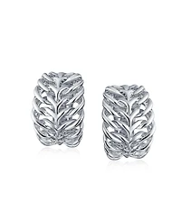 Bling Jewelry Fashion Open Weave Cable Leaf Feather Wide Half Hoop Clip On Earrings For Non Pierced Ears