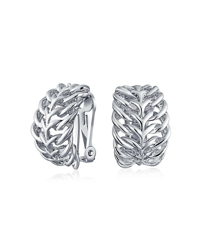 Bling Jewelry Fashion Open Weave Cable Leaf Feather Wide Half Hoop Clip On Earrings For Non Pierced Ears