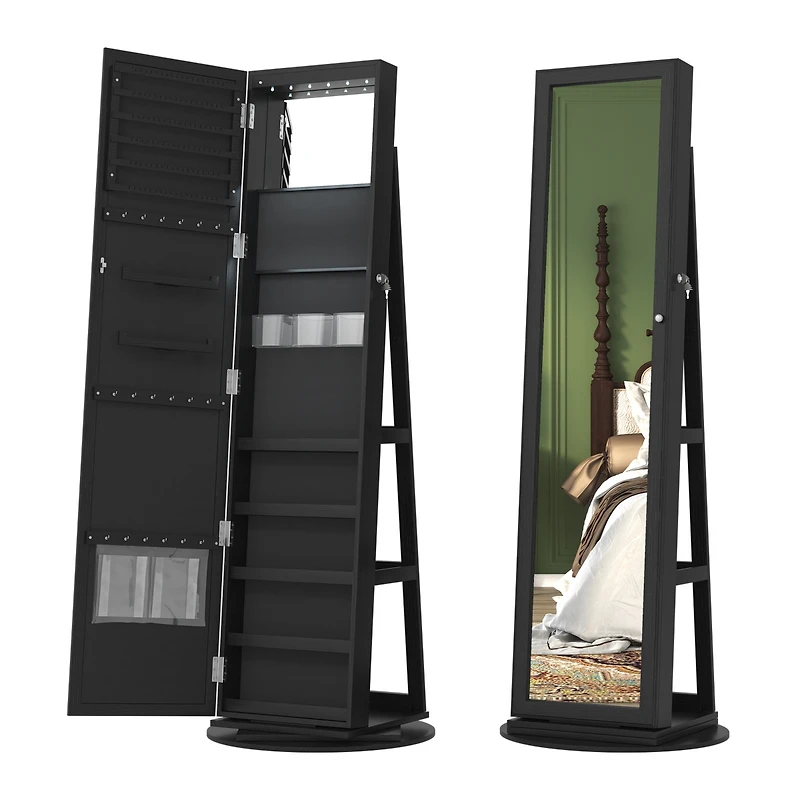 Vlsrka Rotatable full-length jewelry mirror cabinet with compartments and built-in Led lights.