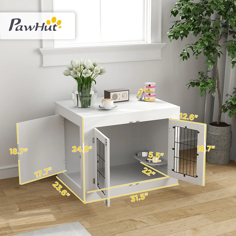 PawHut Dog Crate Furniture with 360° Rotatable Removable Dog Bowls,