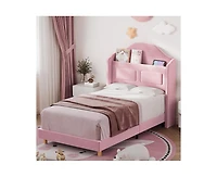 gaomon Upholstered Twin Bed Frame with Led Lights, Velvet Platform Bed Frame with Wing Back Storage Headboard, Wood Slats Support