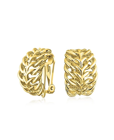 Bling Jewelry Fashion Open Weave Cable Leaf Feather Wide Half Hoop Clip On Earrings For Non Pierced Ears