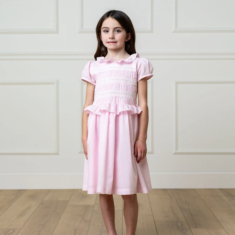 Hope & Henry Big Girls Puff Sleeve Smocked Party Dress with Ruffle Collar