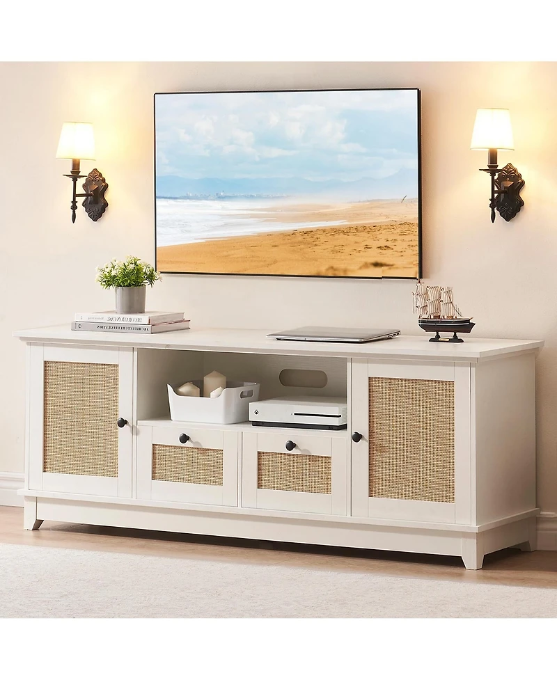 gaomon Rattan Tv Stand for 65 Inch Tv, White Entertainment Center Modern Tv Console Table