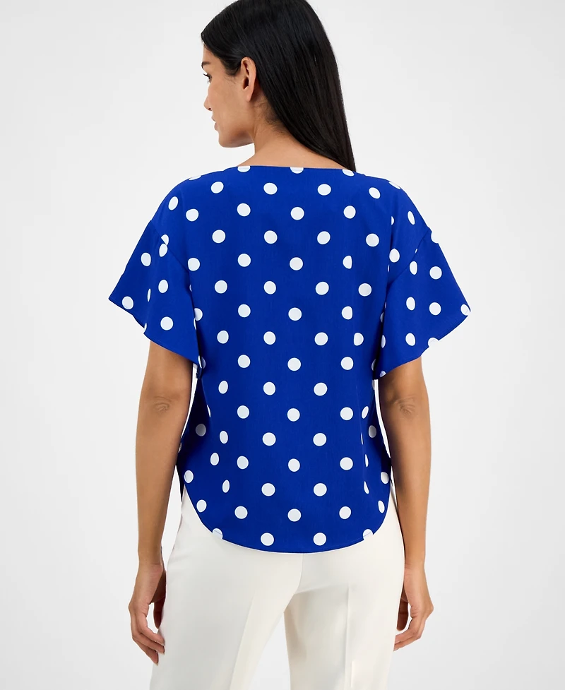 Anne Klein Petite Dot-Print Boat-Neck Flutter-Sleeve Top