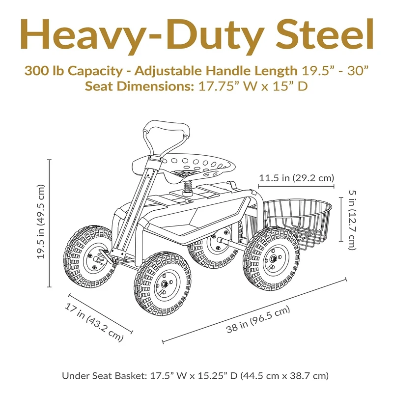Garden Seat with Wheels - Rolling Garden Stool with Extendable Steer Handle, Swivel Seat and Utility Tool Tray