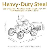 Garden Seat with Wheels - Rolling Garden Stool with Extendable Steer Handle, Swivel Seat and Utility Tool Tray