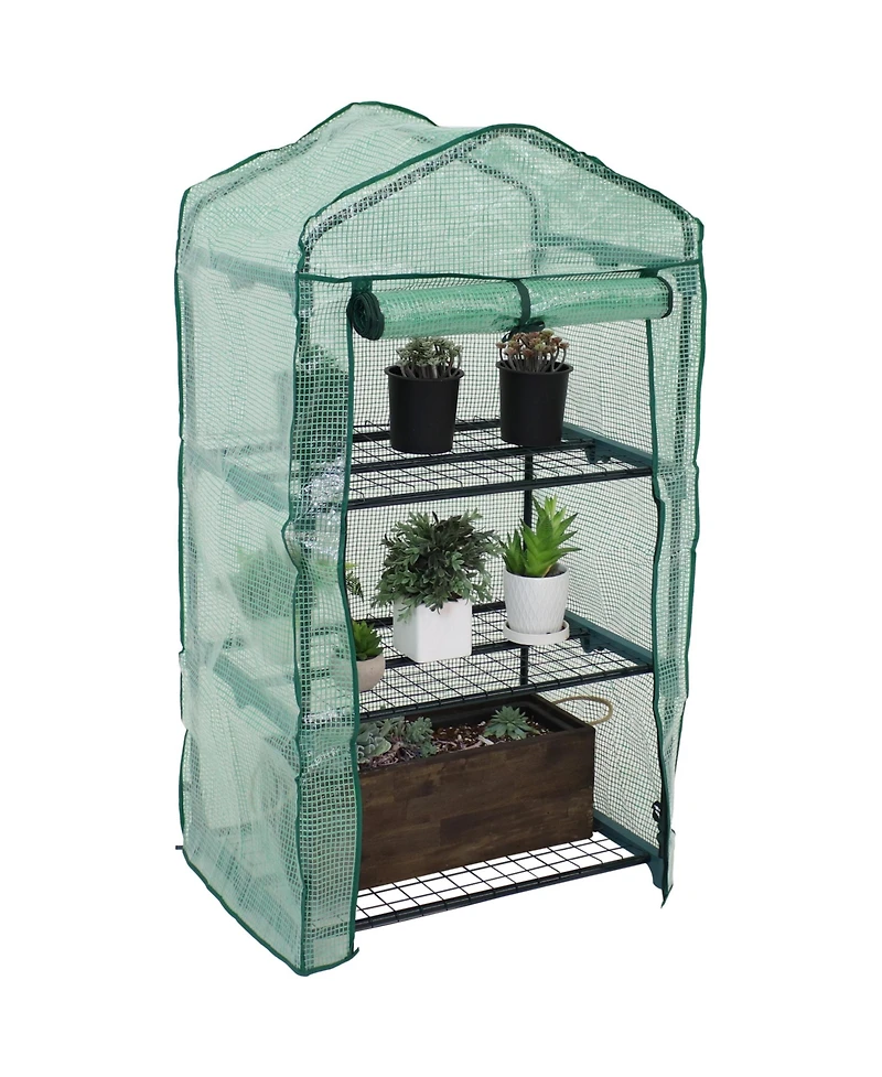 Outdoor Portable 3-Tier Mini Greenhouse with Roll-up Zippered Door and Steel Wire Shelves - Green