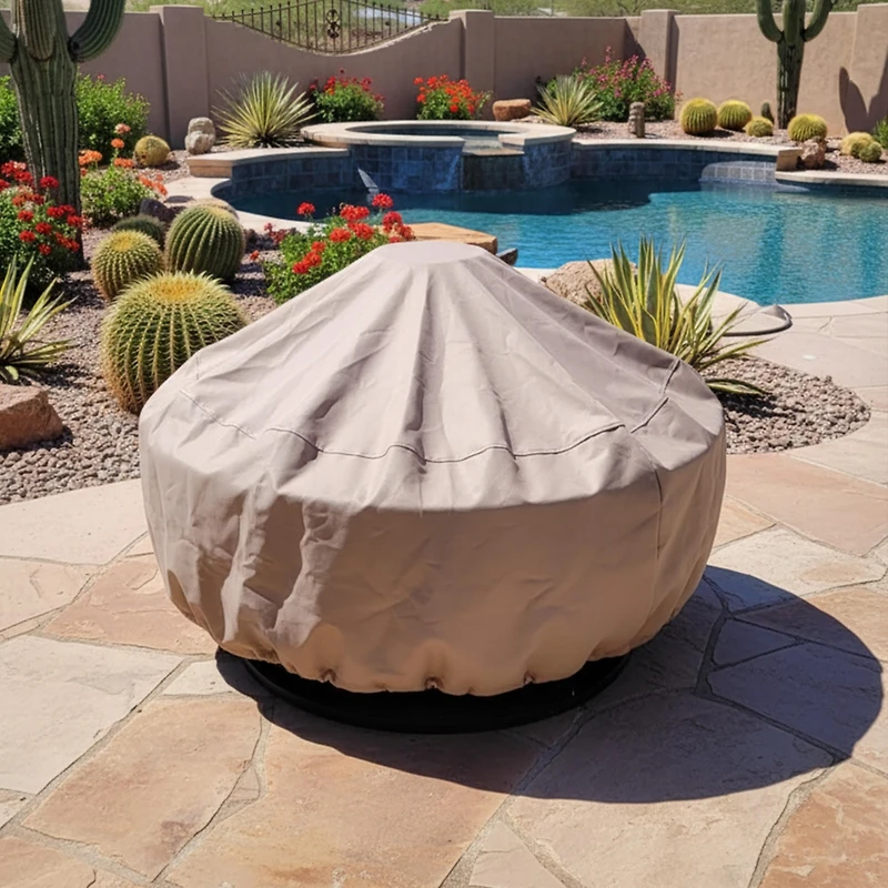 Round Outdoor Fire Pit Cover - Heavy-Duty 300D Polyester and Pvc with Drawstring Closure - Khaki