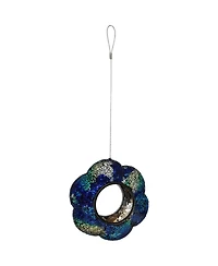 Outdoor Garden Patio Glass Round Flower Shaped Hanging Fly-Through Bird Feeder - 10" - Indigo