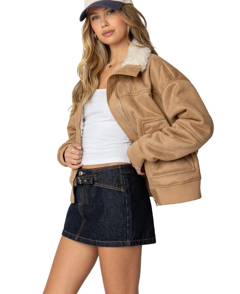 Edikted Womens Faux Suede Shearling Bomber Jacket