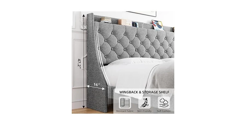 gaomon King Bed Frame with Wingback Headboard, Luxurious Linen Upholstery Platform Bed