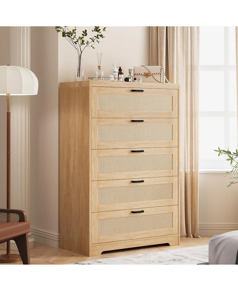 5 Drawer Rattan Dresser for Bedroom, 47.27” Tall Dresser with Power Outlets, Wood Dresser Chest of Drawers with Metal Handles for Living Room C