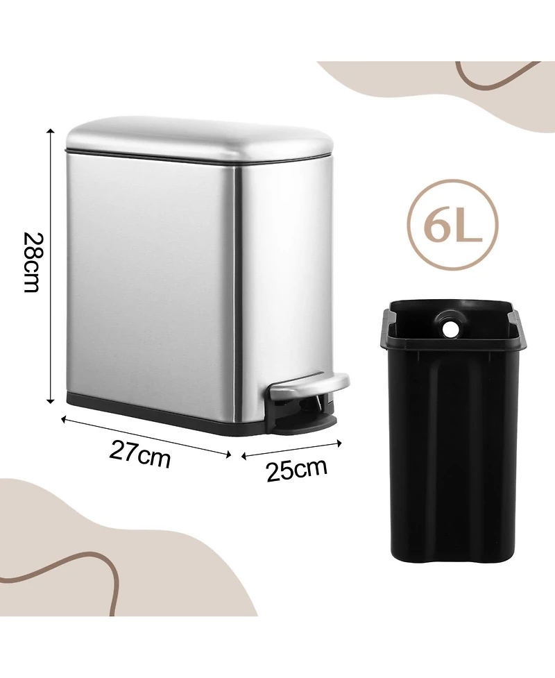 gaomon 6L Pedal Slim Trash Bin, Stainless Steel Waste Bin with Lid and Inner Bin