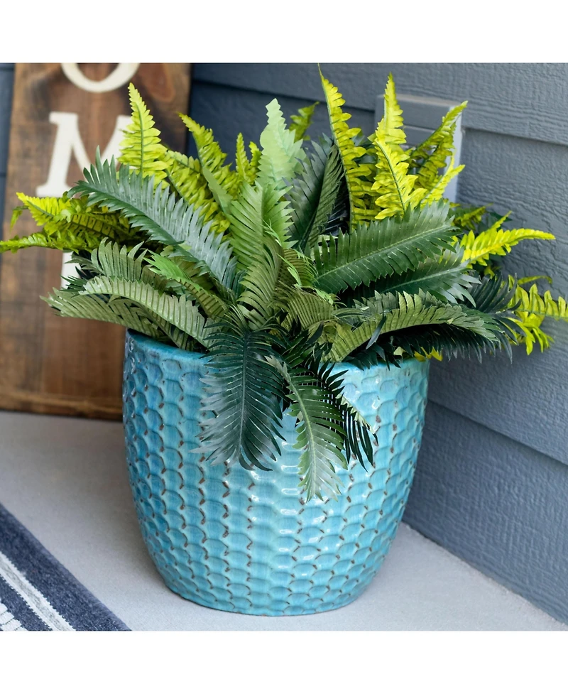 Raised Hexagon Pattern Glazed Ceramic Planter - Turquoise - 14" Round