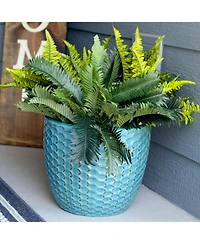 Raised Hexagon Pattern Glazed Ceramic Planter - Turquoise - 14" Round