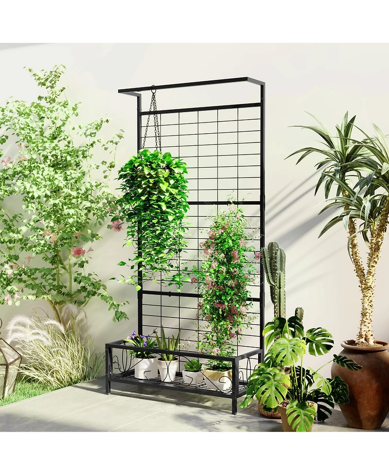 Outsunny 74" Tall Metal Plant Sd with Trellis and Hanging Bar,