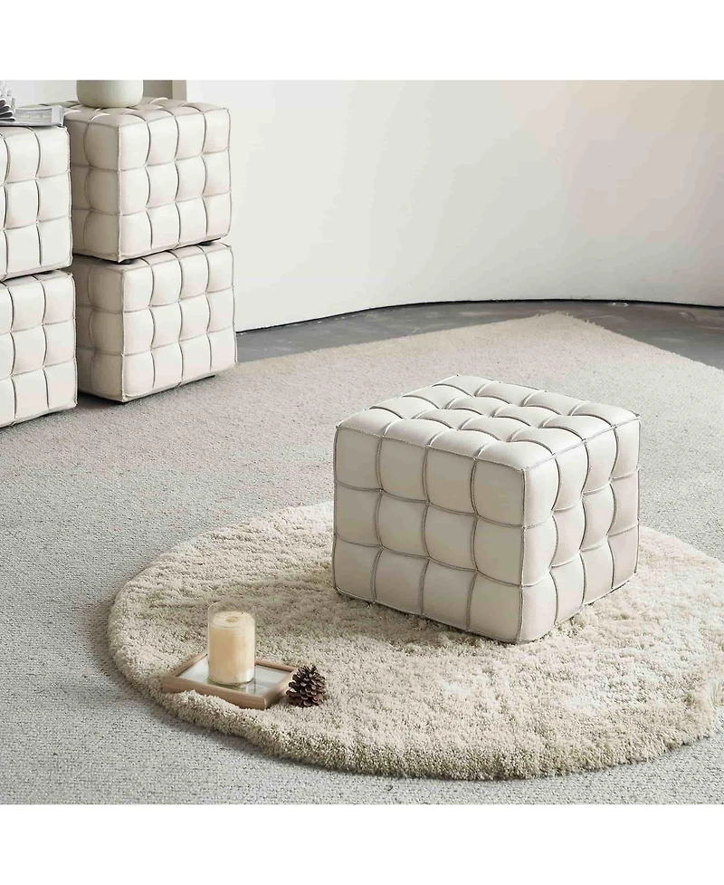 17.32" W Genuine Leather Tufted Ottoman Footstool, Multi-functional for Living Room & Bedroom-The Pop Home