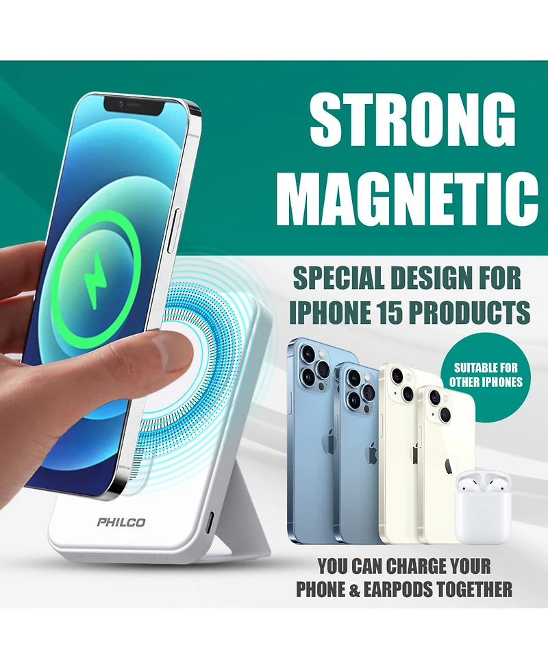 Philco Magsafe Power Bank 6000mAh, Portable Wireless Charger with MagSafe , Usb-c, Leather Holder for iPhone 12/13/14/15
