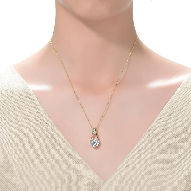 Genevive Sterling Silver 14K Gold Plated and Clear Cubic Zirconia Round Spring Ring Pendant Necklace