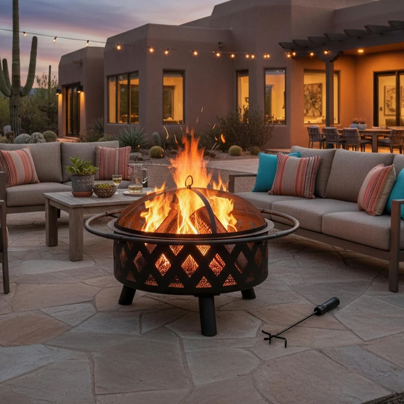 Crossweave Heavy-Duty Steel Outdoor Fire Pit with Spark Screen, Poker, Grill, and Cover - Black