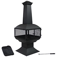 Outdoor Backyard Patio Steel 360-Degree View Wood-Burning Fire Pit Chiminea with Wood Grate and Poker - 57" - Black