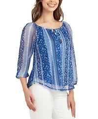 Bcx Juniors' Striped-Print Tie-Neck Mesh Top