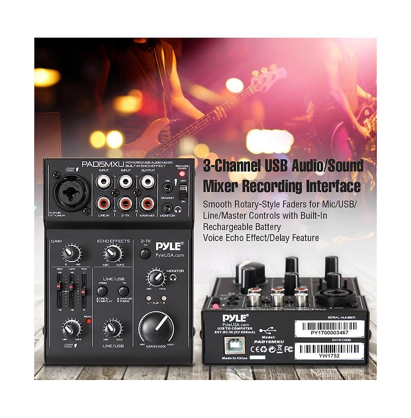 Pyle 3-Channel Usb Audio/Sound Mixer with Rechargeable Battery