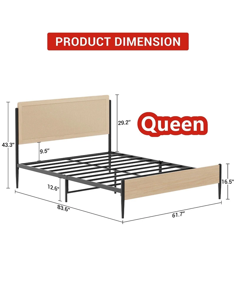gaomon Queen Bed Frame with Rattan Headboard, Platform Bed with Strong Metal Slat Support