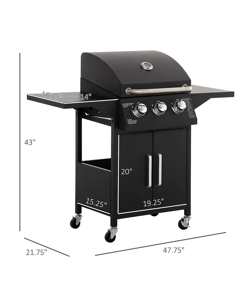 Outsunny 3 Burner Gas Grill w/ Wheels, Storage Shelves, Thermometer,
