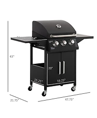 Outsunny 3 Burner Gas Grill w/ Wheels, Storage Shelves, Thermometer,