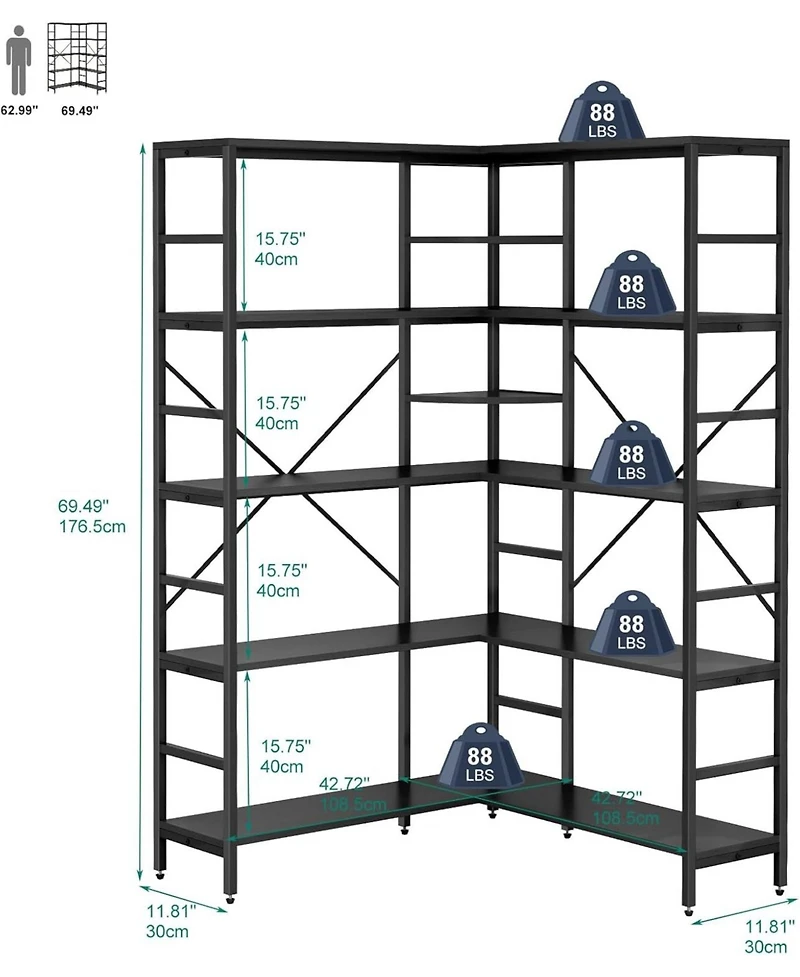 gaomon 4 Tier Industrial Bookshelf, Heavy Duty Metal L-Shaped Design