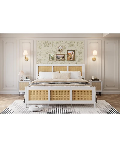 gaomon Queen Size Rattan Bed Frame with Headboard, Boho Cane Platform Bed Frame with Strong Metal Slat