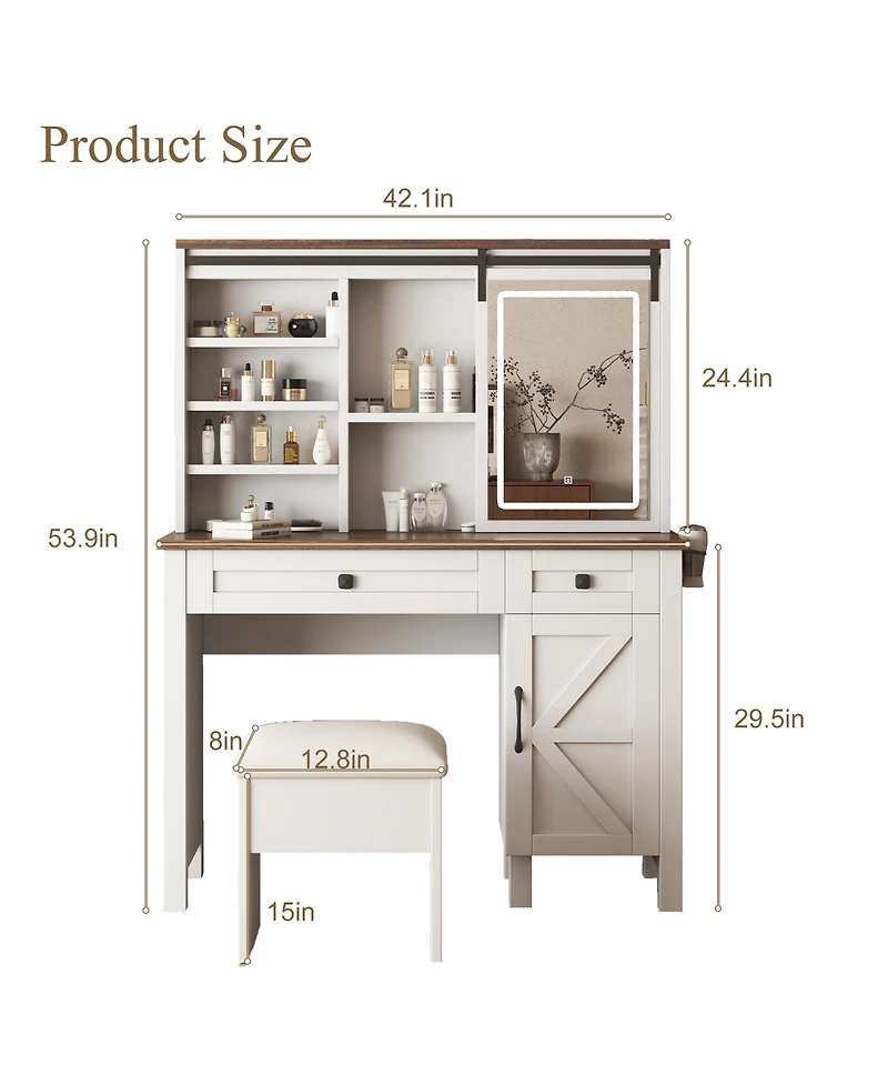 Lovmor Farmhouse Makeup Vanity Desk with Sliding Mirror and Lights and Hairdryer holder and charging socket Multilayer storage Shelves,and 2 drawer an