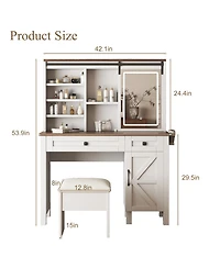 Lovmor Farmhouse Makeup Vanity Desk with Sliding Mirror and Lights and Hairdryer holder and charging socket Multilayer storage Shelves,and 2 drawer an