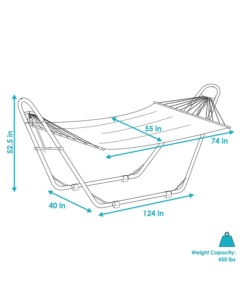 Outdoor 2-Person Double Polyester Quilted Hammock with Wood Spreader Bar and Matte Blue Steel Multi-Use Stand - Catalina Beach