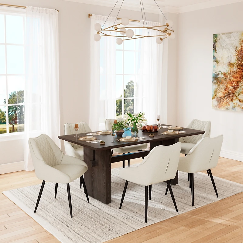 Wood Dining Table Fabric Diamond Soft Chair/Side Chair With Metal Legs Set (6-Person And Chair), Mdf