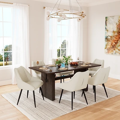 Wood Dining Table Fabric Diamond Soft Chair/Side Chair With Metal Legs Set (6-Person And Chair), Mdf