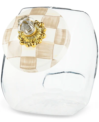 Mackenzie-Childs Mocha Check-Lid Clear Glass Cookie Jar