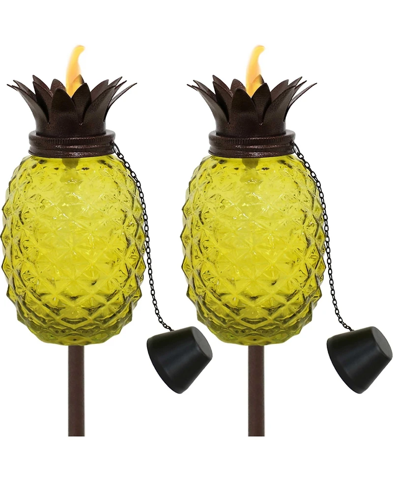 Outdoor Adjustable Height 3-in-1 Glass Tropical Pineapple Torches with Connected Snuffs and Metal Poles - 2pk