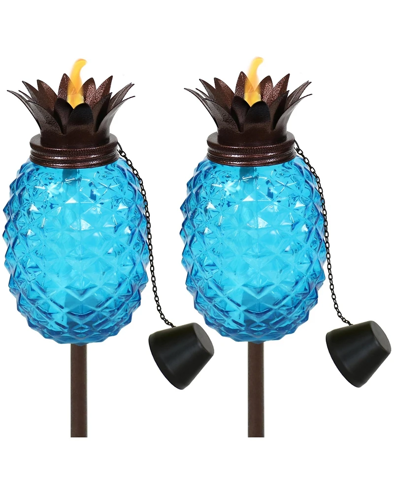 Outdoor Adjustable Height 3-in-1 Glass Tropical Pineapple Torches with Connected Snuffs and Metal Poles - 2pk