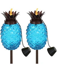Outdoor Adjustable Height 3-in-1 Glass Tropical Pineapple Torches with Connected Snuffs and Metal Poles - 2pk