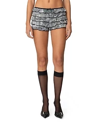 Edikted Women's Camo Ruffled Mesh Shorts