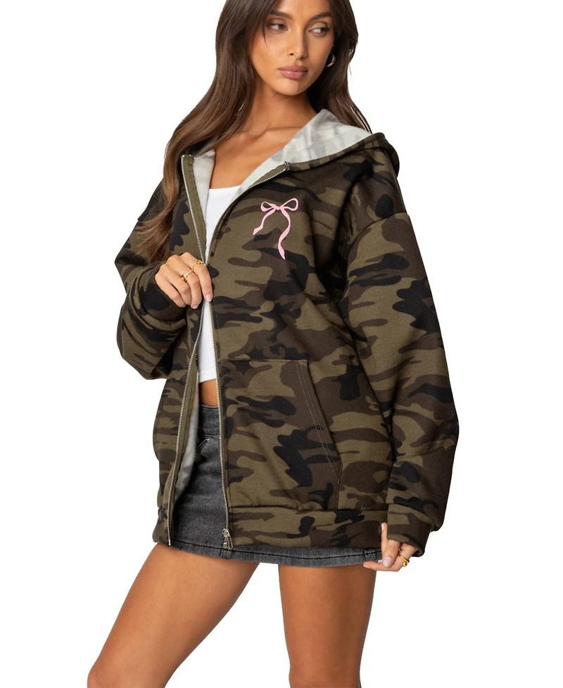Edikted Womens Camo Oversized Bow Detail Hoodie