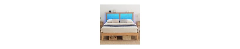 gaomon Full Size Bed Frame with Natural Rattan Headboard & Integrated Led Lights