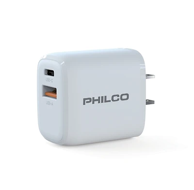 Philco Dual Port Usb-c & Usb-a Charger, Power Delivery 3.0 & Quick Charge 3.0, 25W Fast Charging