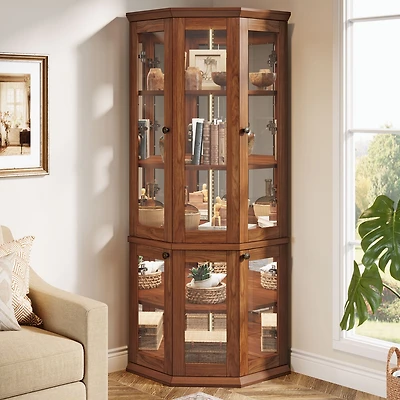 Tribesigns Corner Storage Cabinet, 71" Tall Corner Cabinet with Doors & Led Lights, 5-Tier Mid-Century Corner Display Cabinet for Living Room, Ki