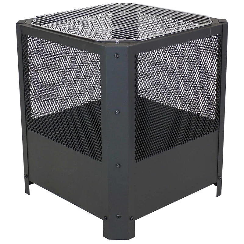 Outdoor Camping or Backyard Steel Square Grelha Fire Pit with Grilling Grate - 16" - Black
